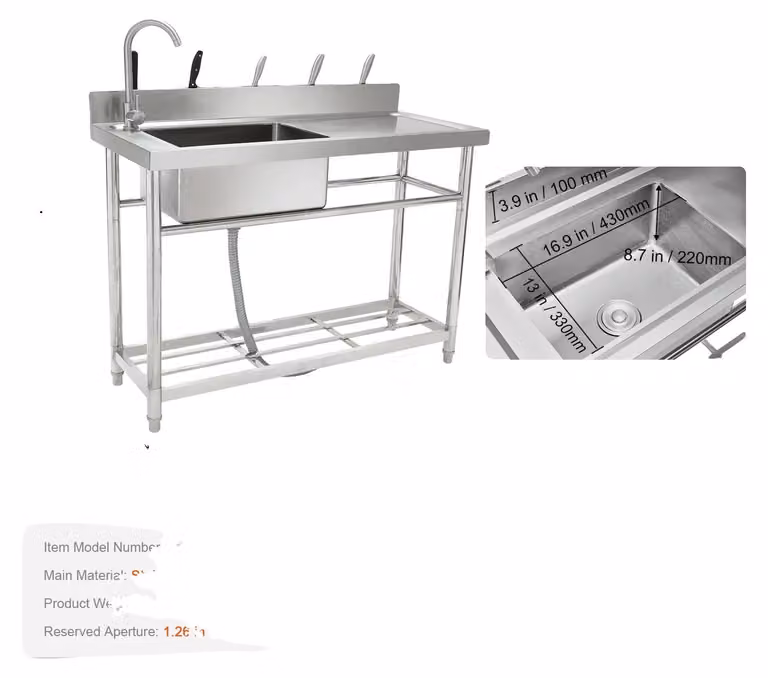 Lavello da cucina professionale, acciaio inossidabile, rubinetto acqua calda e fredda, 394 pollici a sinistra