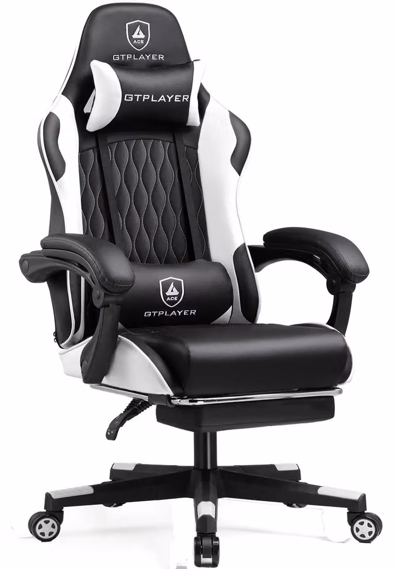 Sedia da gaming - Sedia da ufficio GTP900 - Ergonomica con poggiapiedi - Supporto lombare e cuscini regolabili - Girevole con rotelle - Portata massima 150 kg - Bianca