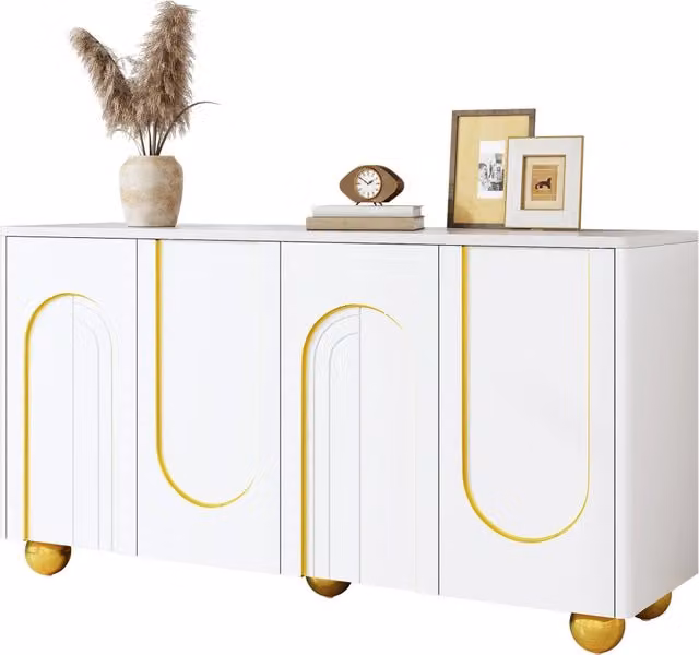 Mobile soggiorno 4 ante, credenza sala da pranzo con decoro linee dorate ad arco e piedi metallici sferici, per ingresso e soggiorno