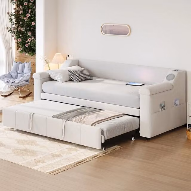 Divano letto-Xylo-90x190 cm-Bluetooth, USB, velluto beige