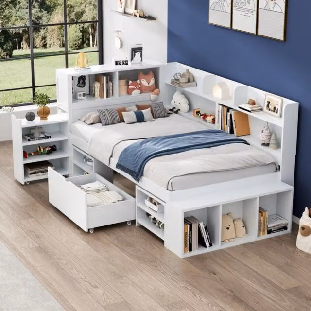LETTO Multifunzione 90x200 cm Bianco con cassetti e libreria