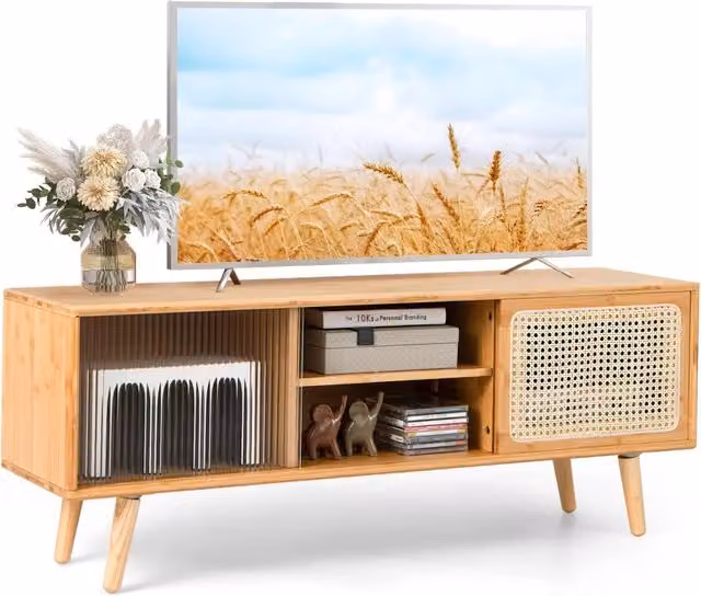 Mobile TV Costway in bambù e legno con ante scorrevoli in rattan e vetro, stile rustico vintage, colore beige e marrone, L: 120.5 cm, P: 31.0 cm, H: 45.5 cm
