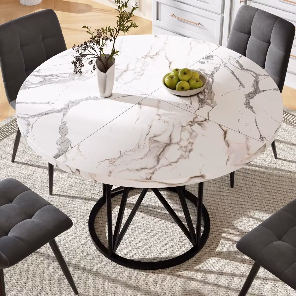 Tavolo da pranzo rotondo moderno WISHDOR in MDF laminato lucido e metallo, L: 100 cm, P: 100 cm, H: 76 cm, colori bianco e nero – 2