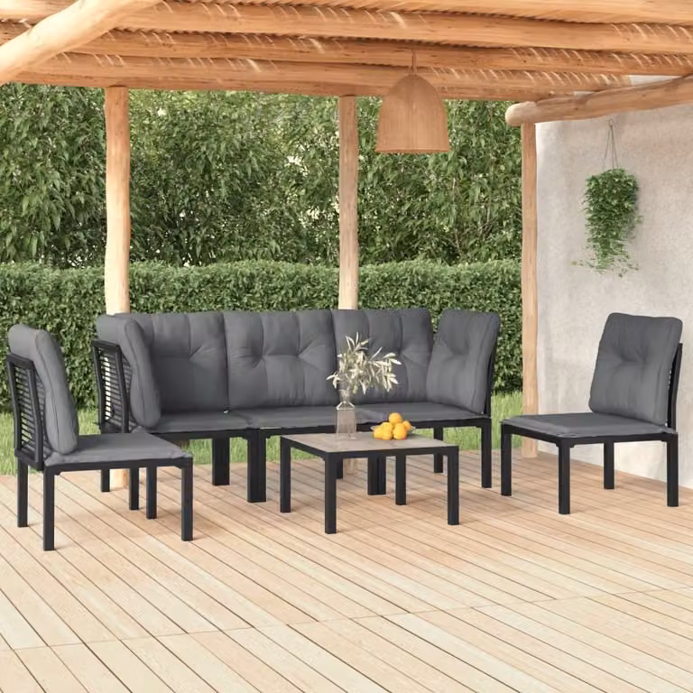 The Living Store Set da 6 pezzi per salotto da giardino in poly rattan nero e grigio