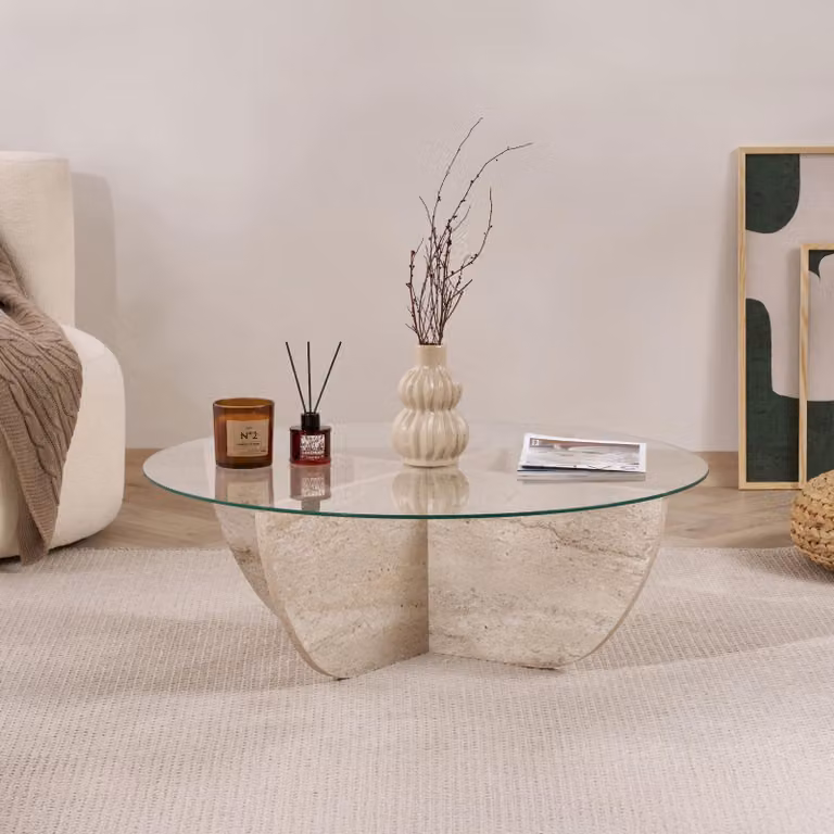Skye Decor, Liya - Travertine, tavolino da salotto, travertino, piano in melamina al 100%, 90 x 90 x 30 cm