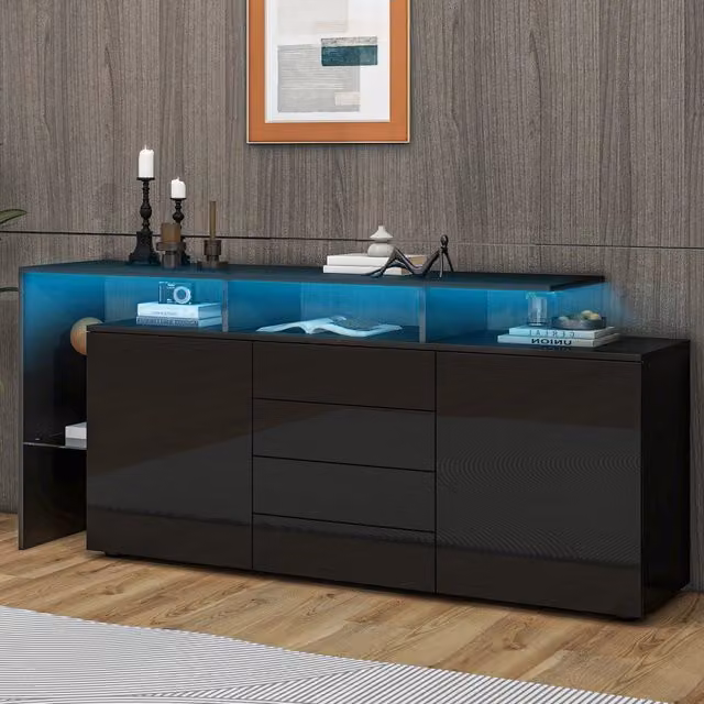 Credenza ULEVR 160x35x70 cm con LED, 2 ante, 4 cassetti e vano in vetro, nero lucido e opaco