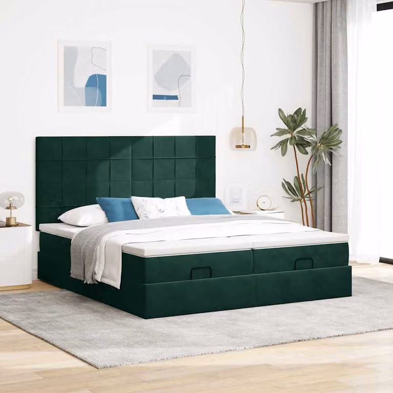 Letto con Pouf e Materasso vidaXL in Velluto Verde e Bianco con Base a Sollevamento, Illuminazione Sotto il Letto e Porte USB, L/P/H: 180 x 200 x 128 cm