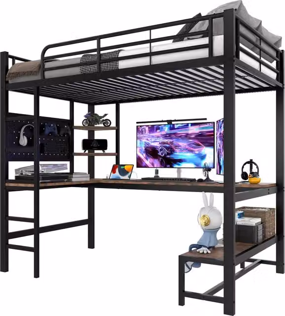 Letto a castello REDOM nero con scrivania, illuminazione LED e porta USB, L/P/H: 90 x 200 x 204 cm – 1