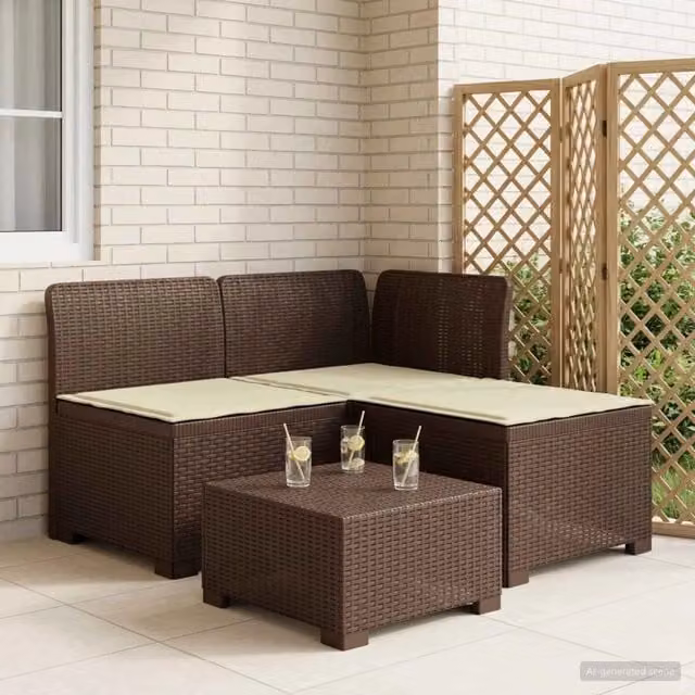 Divano da giardino a L con cuscini vidaXL, design moderno in rattan marrone e beige, resistente alle intemperie e ai raggi UV – 1