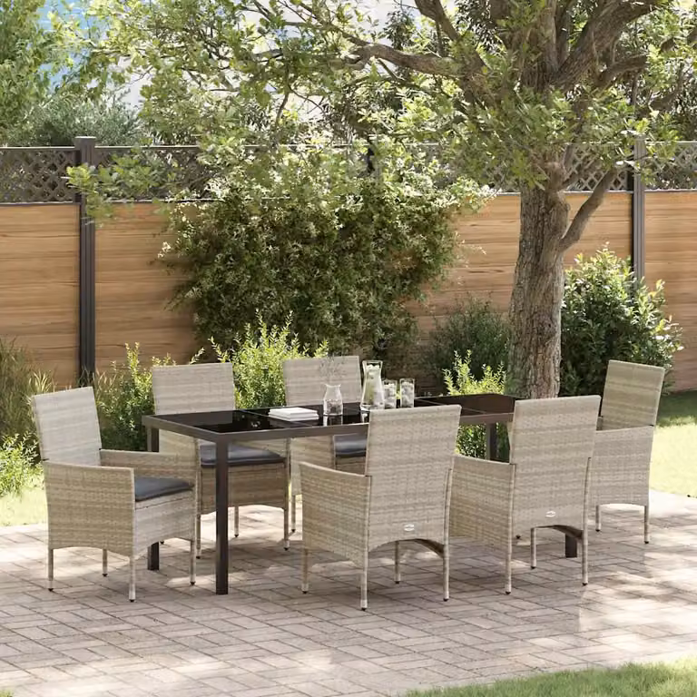Set da pranzo per giardino e terrazzo vidaXL in polyrattan e vetro, 7 pezzi, grigio