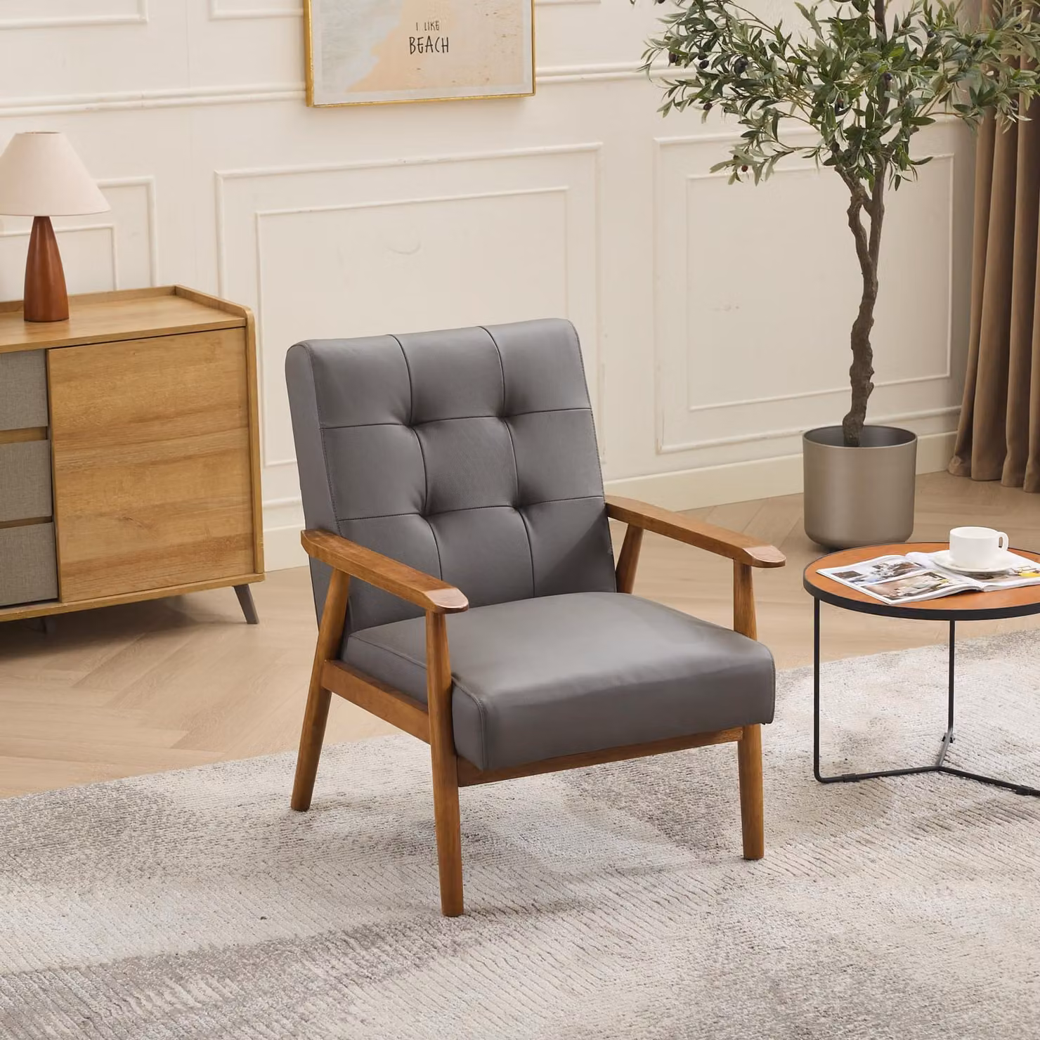 Sedia da ufficio MODFU con schienale, poltrona relax in legno di gomma, poltrona imbottita con braccioli, dimensioni 64x80x83 cm, colore grigio