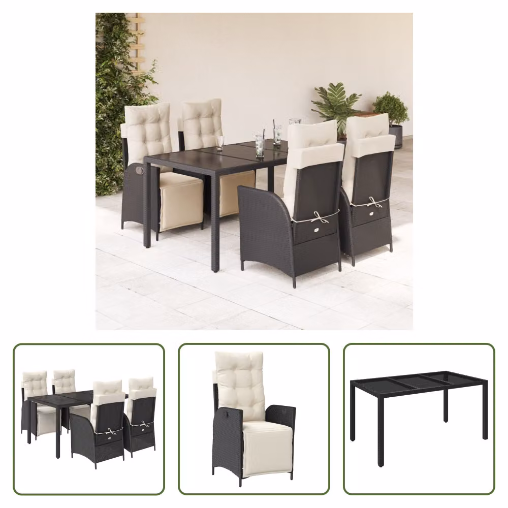 The Living Store Set da pranzo da giardino 5 pezzi con cuscini in poly rattan nero