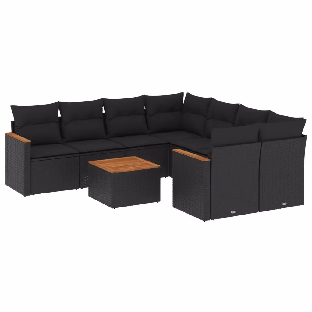 vidaXL Set Divani da Giardino 9 pz a Forma a L con Cuscini e Tavolino Nero in Polyrattan e Acciaio – 2