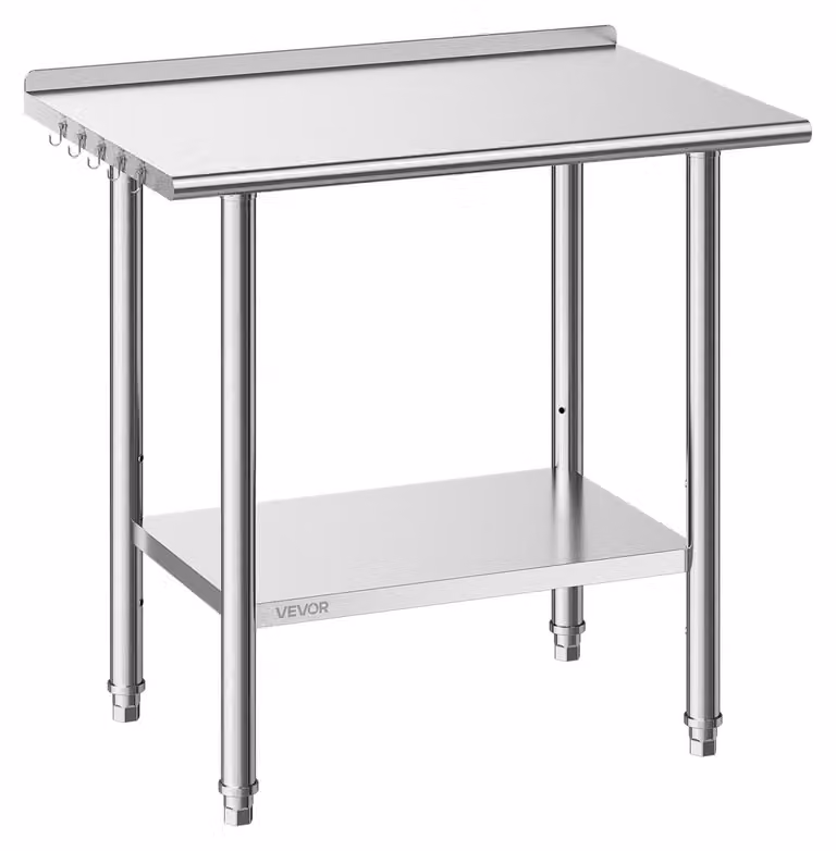 Tavolo da lavoro in acciaio inossidabile, 61x91,5 cm. Tavolo per la preparazione di alimenti con schienale, postazione di lavoro per cucina professionale con ripiano inferiore regolabile, robusto tavolo da lavoro in metallo, adatto per ristoranti, uso dom