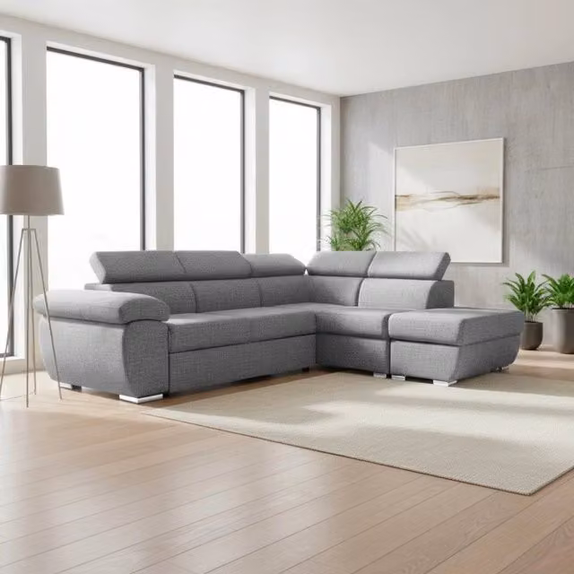Divano Letto Angolare Tezeta con Penisola Destra e Pouf Contenitore, Grigio, L: 264 cm, P: 160 cm, H: 91 cm – 1