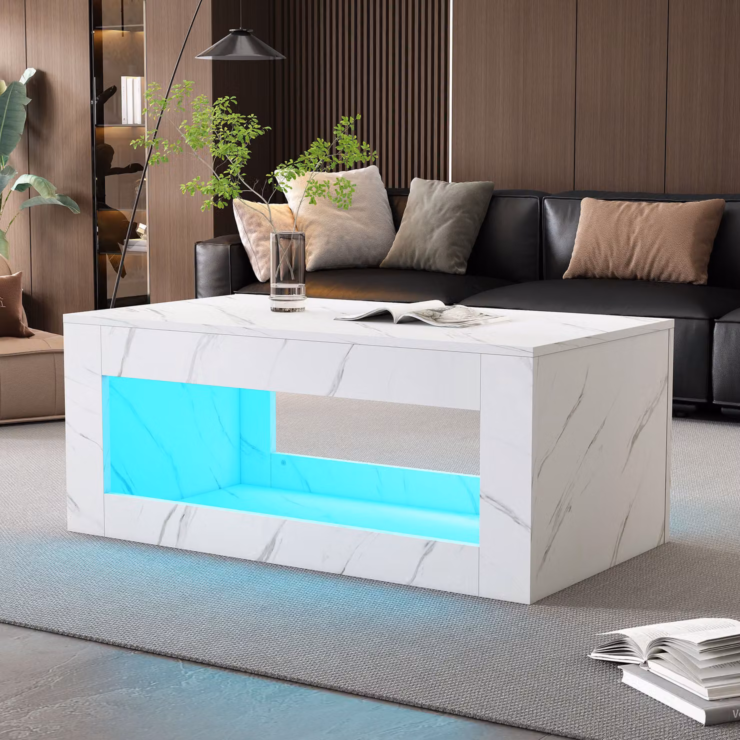Tavolino STILVORA con vano portaoggetti accessibile, tavolino da salotto lucido con telecomando, con motivo marmorizzato, design elegante, bianco