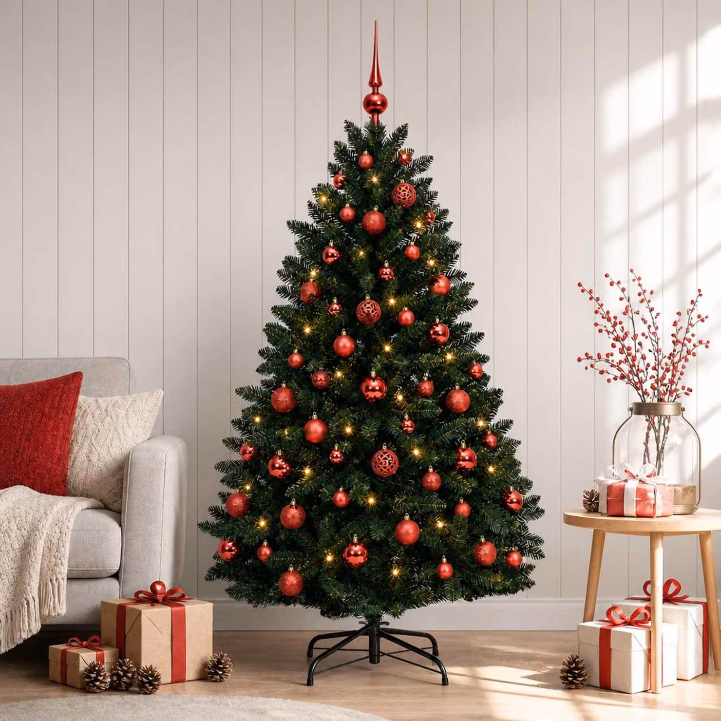 Albero di Natale artificiale, verde scuro, con decorazioni a forma di palline, altezza 150 cm