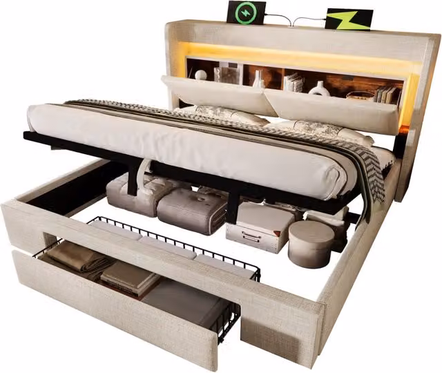 Letto matrimoniale 140x200 cm con contenitore idraulico; LED; USB e USB-C; beige