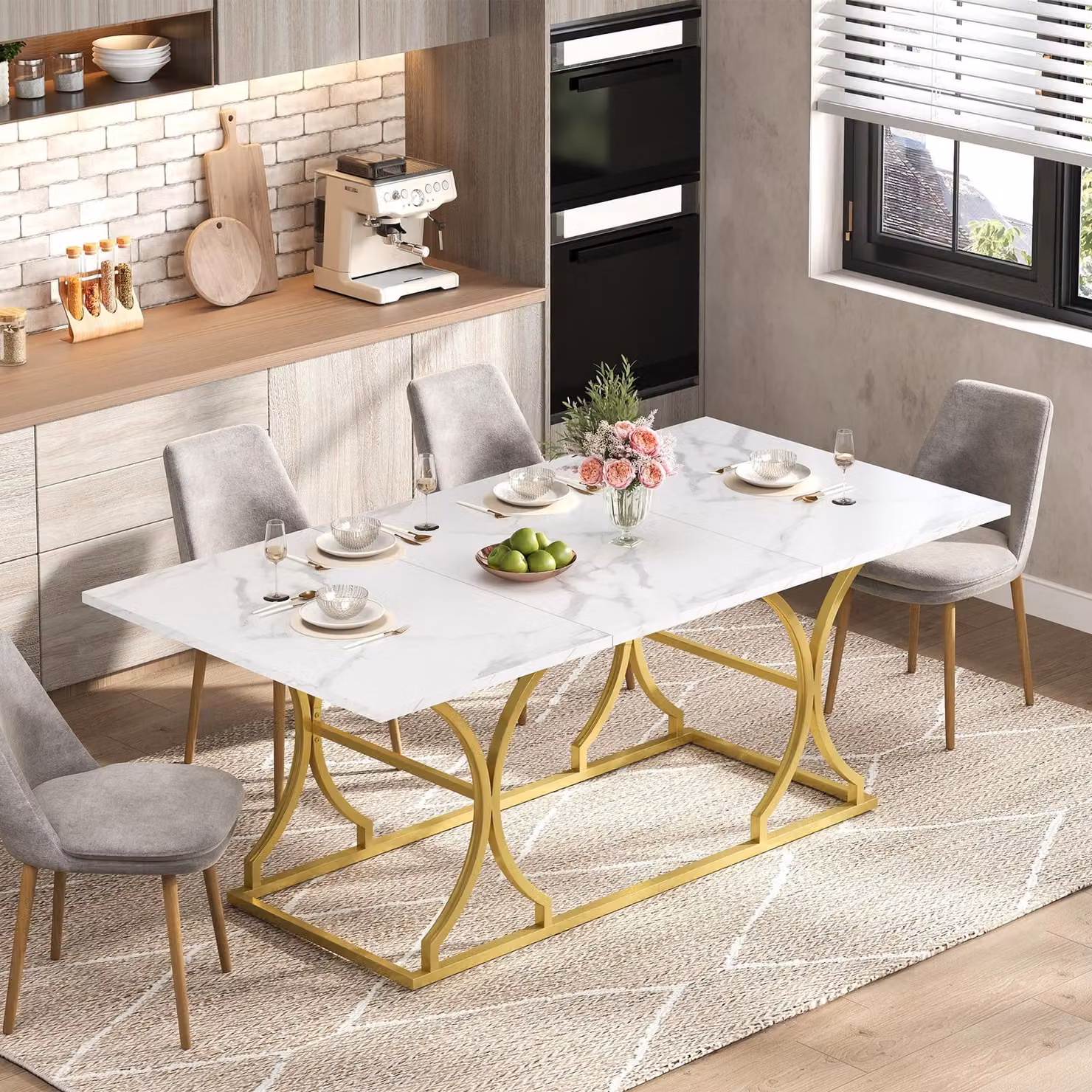 Tavolo da pranzo Merax 200x80 cm, tavolo effetto marmo per 8-10 persone, tavolo da pranzo in MDF con gambe in metallo color oro, moderno, bianco + oro