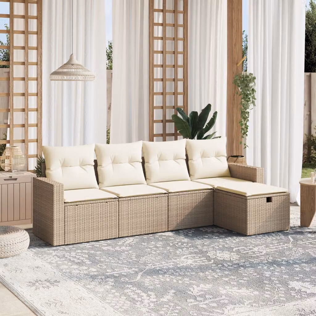 vidaXL Set Divano da Giardino a L con Poltrona e Pouf, Colore Beige e Bianco, Struttura in Metallo e Polyrattan con Cuscini Imbottiti e Rivestimenti Rimovibili – 1