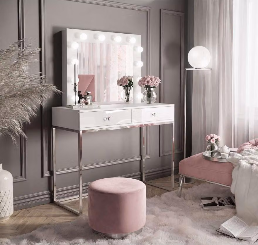 Tavolo da trucco BLANCO GLAMOUR con specchio e illuminazione a LED, cromo / bianco lucido, cristallo groff