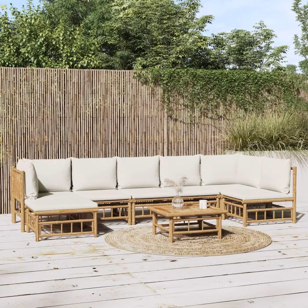 Set Salotto da Giardino vidaXL in Legno di Bambù Trattato con 8 Pezzi e Cuscini Bianchi e Beige