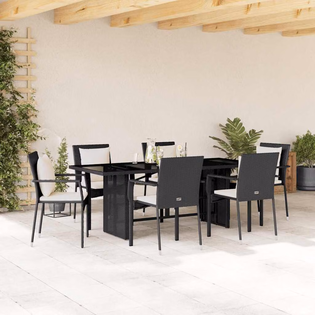 Set da Pranzo da Giardino vidaXL 7 pz in Polyrattan Nero con Cuscini e Tavolo in Vetro – 1