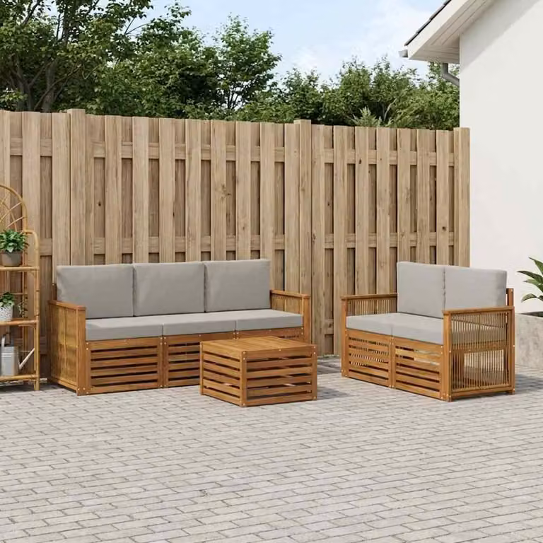 Set di divani da esterno vidaXL in legno di acacia con cuscini, composizione a L con tavolino, beige e grigio