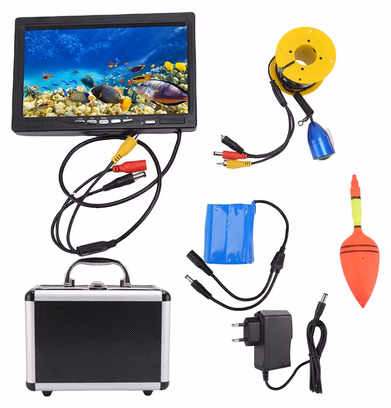 Videocamera subacquea per la pesca, 5 MP, 1080p, obiettivo grandangolare da 195 gradi, schermo HD da 7 pollici, ecoscandaglio con cavo da 20 m, spina UE