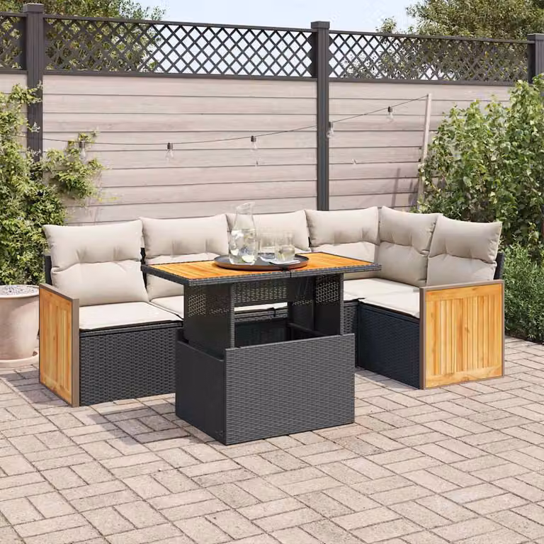 Set Divano da Giardino a L vidaXL in Polyrattan e Legno di Acacia con Cuscini, 6 Pezzi, Nero e Bianco