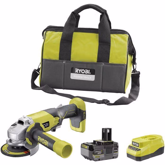Smerigliatrice angolare a batteria RYOBI ONE+ R18AG-140S, 18V, diametro disco 115 mm, batteria 4Ah, caricabatterie, impugnatura ausiliaria, borsa per il trasporto