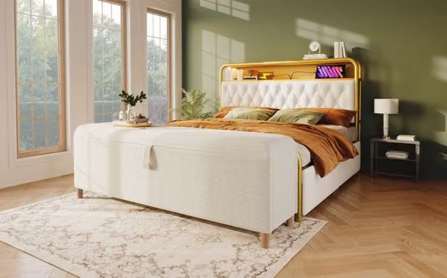 Panca contenitore imbottita MODFU in tessuto beige con effetto corda, L: 175 cm
