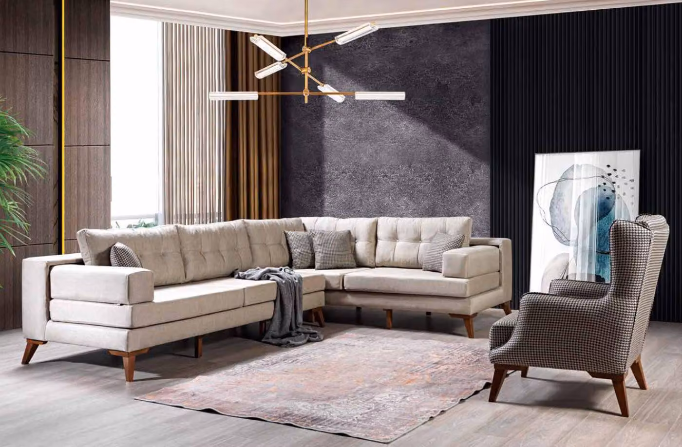 Beige Wohnzimmer Garnitur Designer Ecksofa Luxuriöser Sessel 2tlg Set