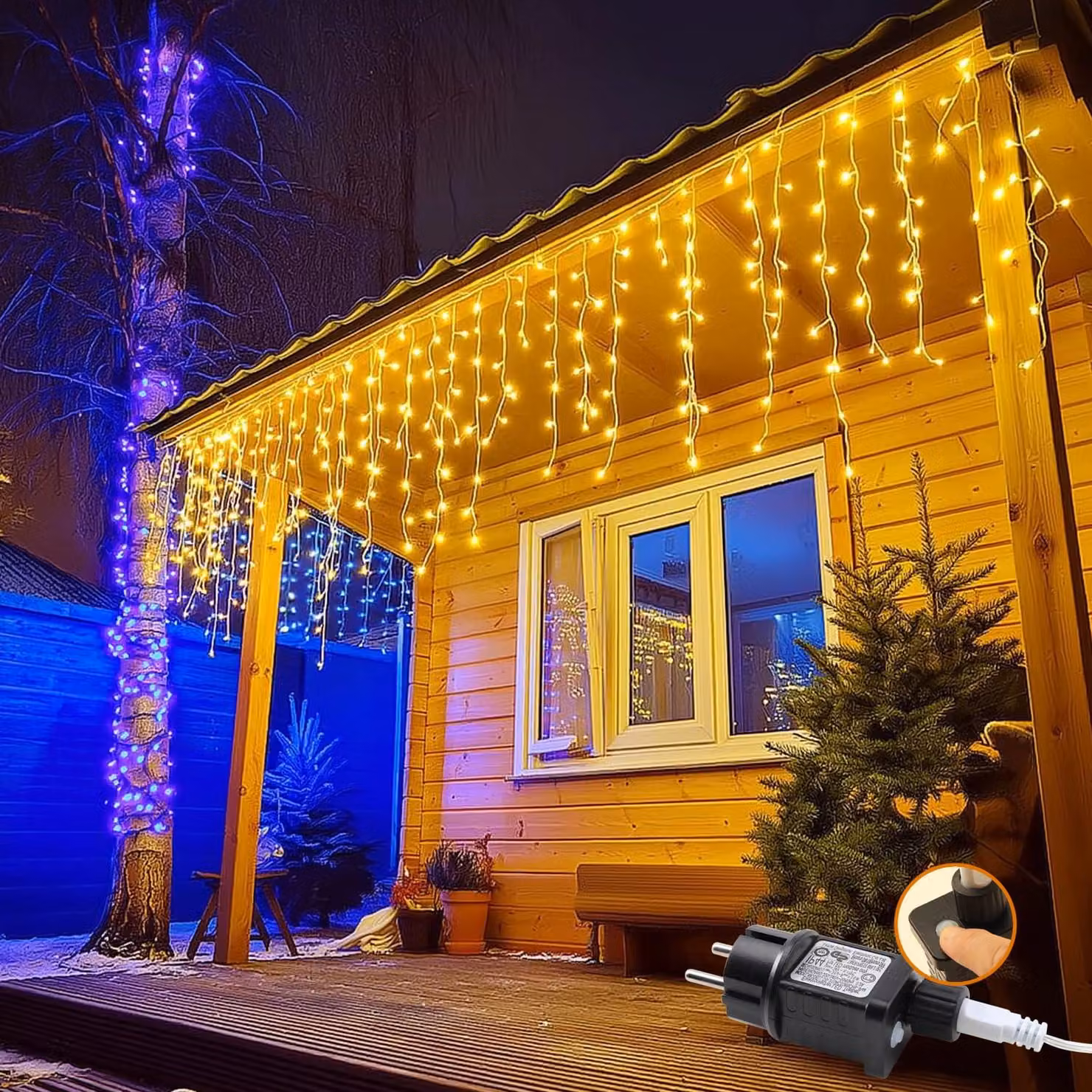 Catena luminosa effetto pioggia di ghiaccio, 10 metri + 5 metri di cavo, 80 LED, luce bianco caldo, grado di protezione IP44