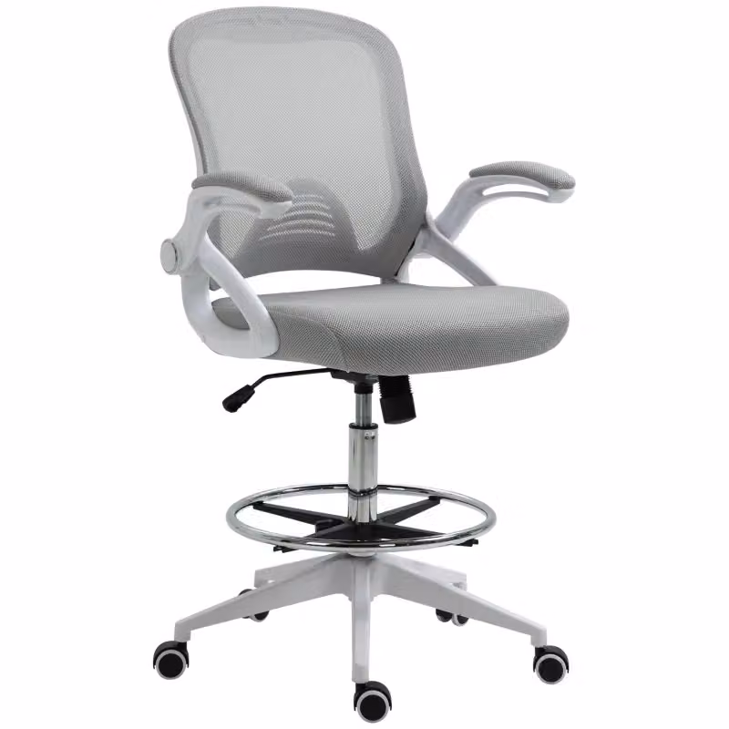Sedia da Ufficio Ergonomica Girevole con Braccioli e Poggiapiedi, Tessuto e Plastica, Grigio Chiaro – 2