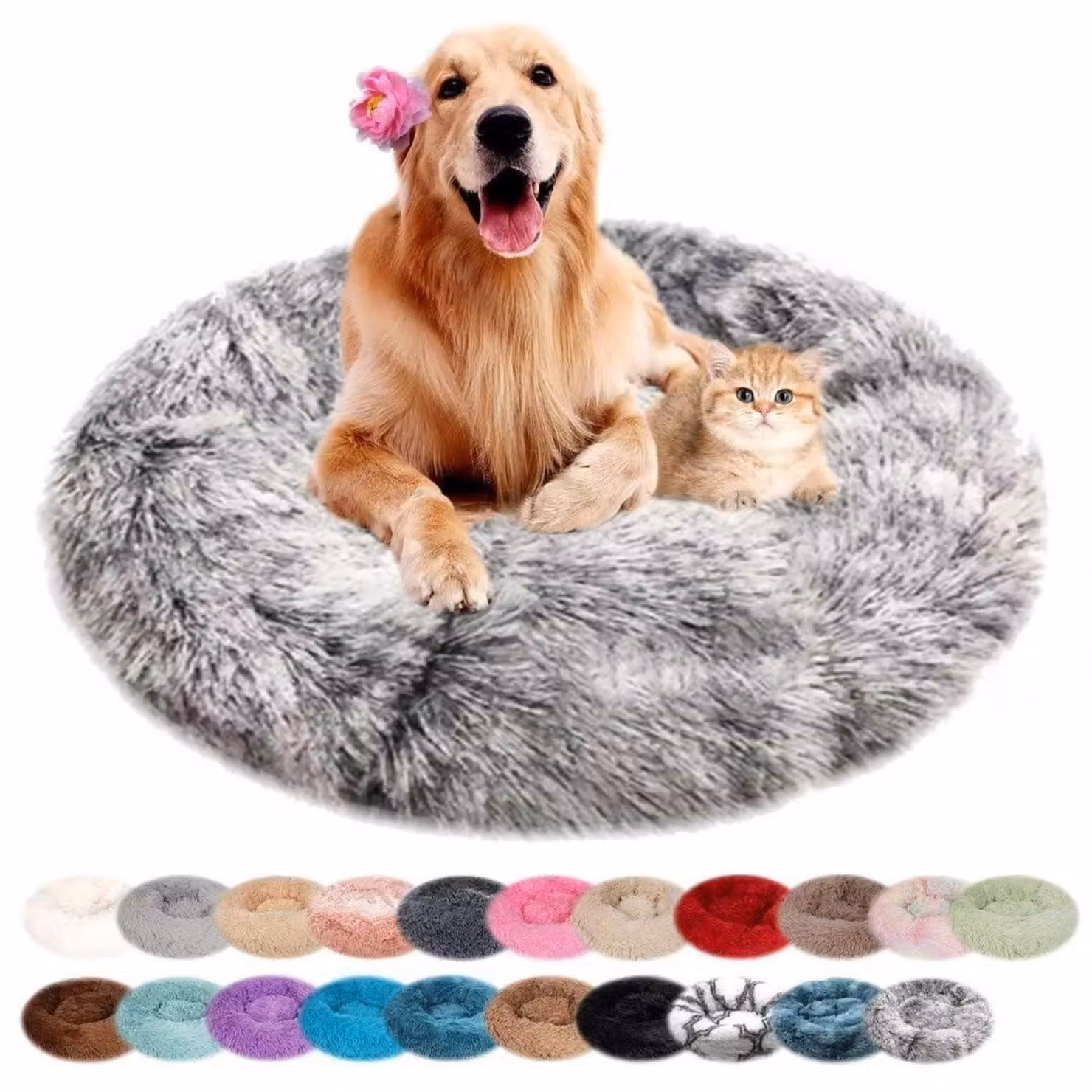 Cuccia per cani, forma rotonda, in peluche, lavabile, antiscivolo, con bordi rialzati, colore nero/grigio, diametro 40 cm