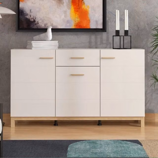 Madia Pianico DMORA, Credenza moderna con 3 ripiani, Bianco e Crema, L: 154 cm, P: 41.5 cm, H: 89 cm