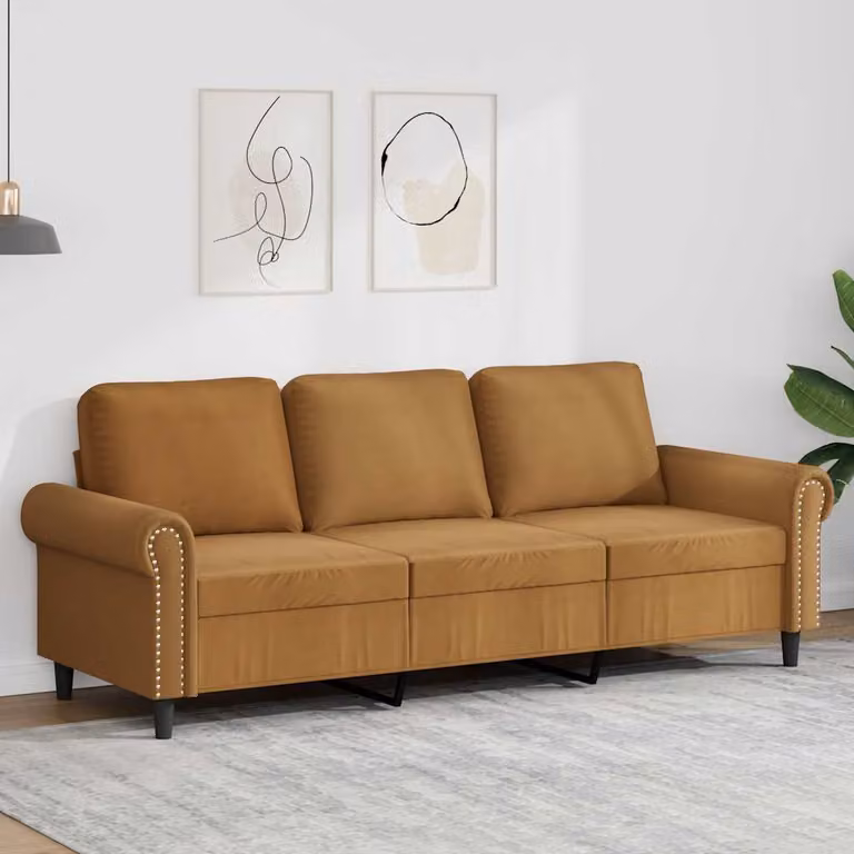 Divano a 3 posti moderno vidaXL in velluto marrone con struttura in metallo per il tuo soggiorno L: 212 cm, P: 80 cm, H: 77 cm