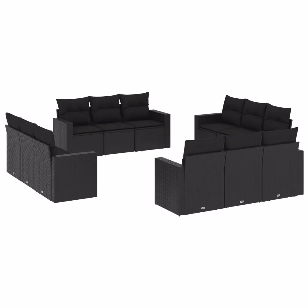 vidaXL Set Divani da Giardino a Forma di U con Cuscini Nero in Polyrattan e Struttura in Acciaio – 2