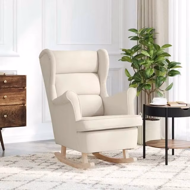 Sedia a dondolo vidaXL in legno e lino beige e bianca con braccioli L/P/H: 74 x 90 x 102 cm