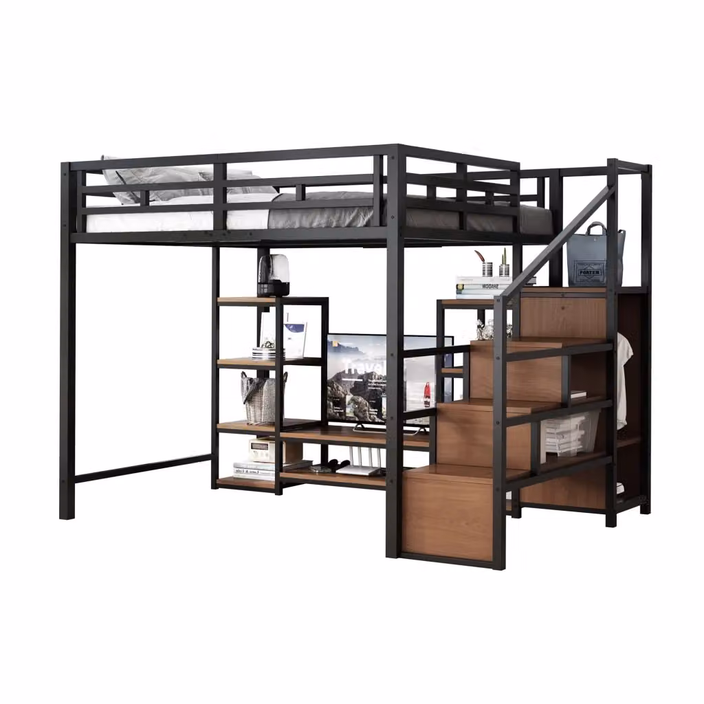 Letto a soppalco Chicfurn moderno in metallo e MDF nero con scala, vani laterali e porta USB, L/P/H: 200 x 140 x 251 cm – 2