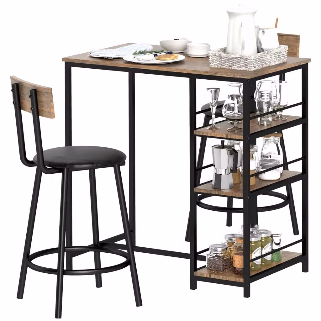 Set da pranzo Minimal con tavolo rettangolare e 2 sedie in MDF e metallo, nero e marrone – 2