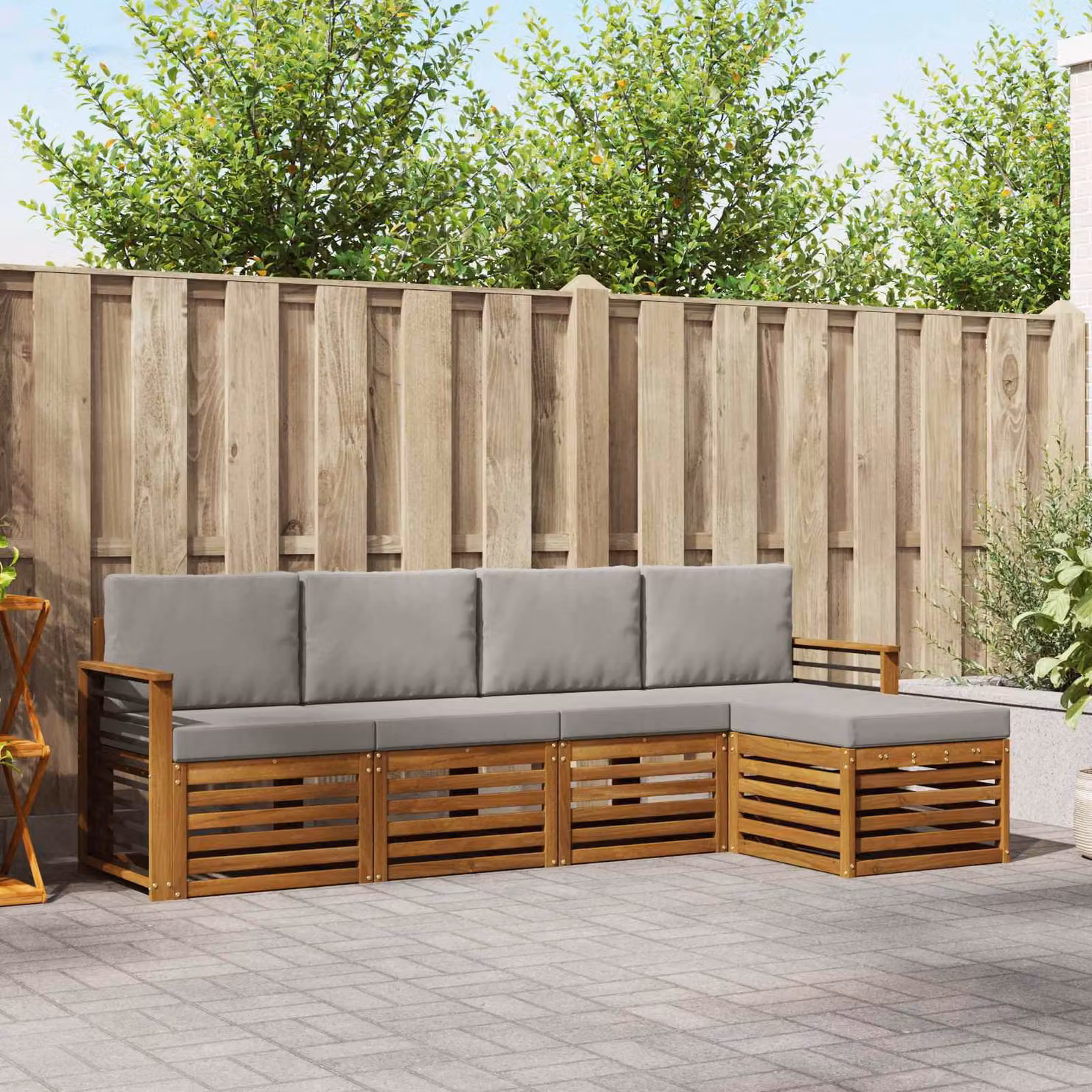 Set di divani da esterno a L vidaXL in legno di acacia con pouf e cuscini, Grigio e Marrone