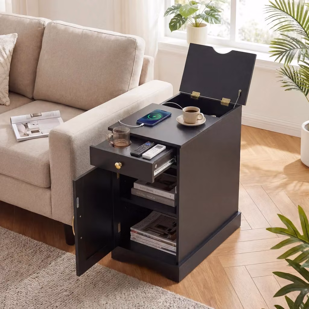 Tavolino da divano moderno DESIGN IN con ripiano regolabile e stazione di ricarica, nero, ideale per soggiorno o camera da letto – 2