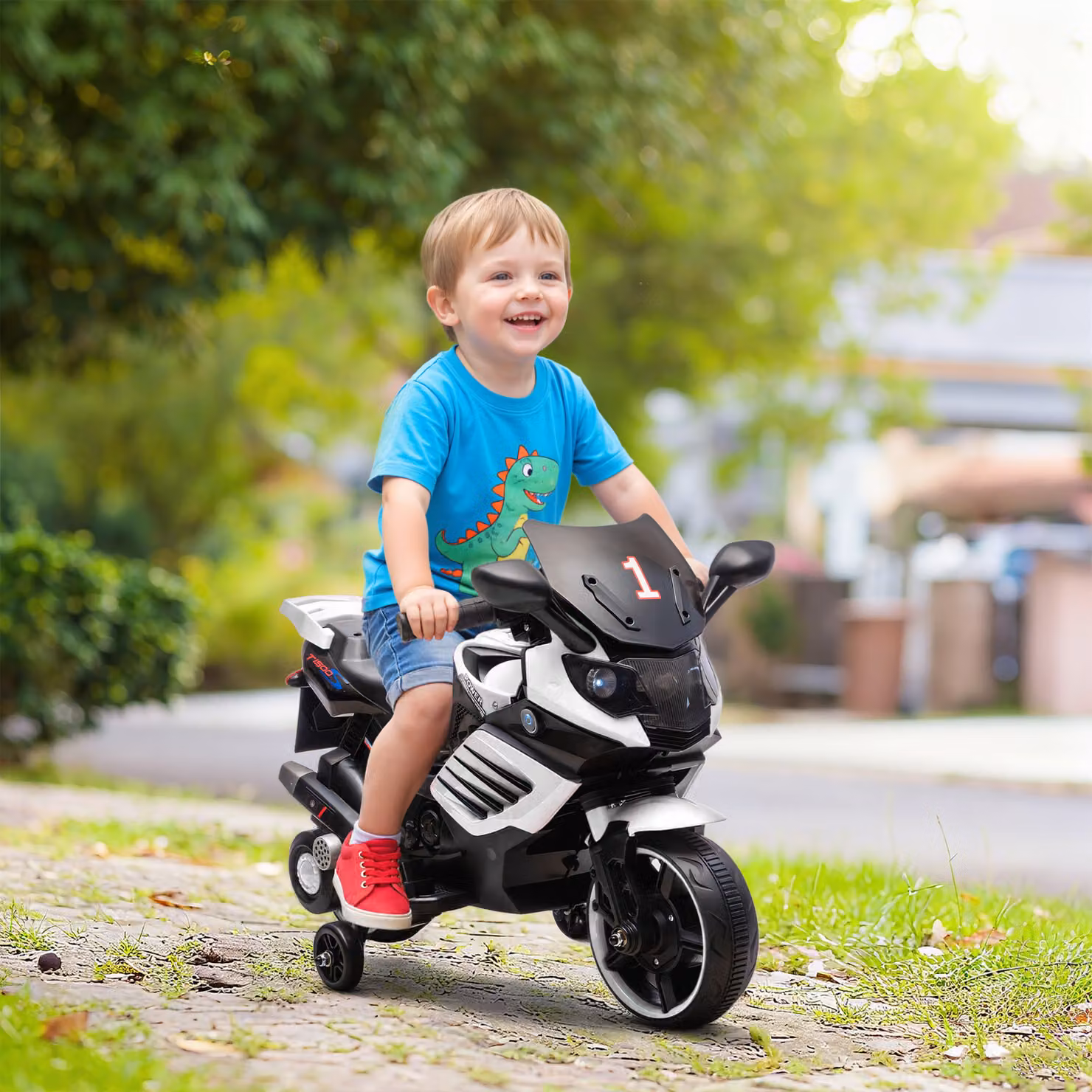 Moto Elettrica AIYAPLAY per Bambini da 6V con Rotelle Rimovibili, Fari e Musiche, Bianco – 2