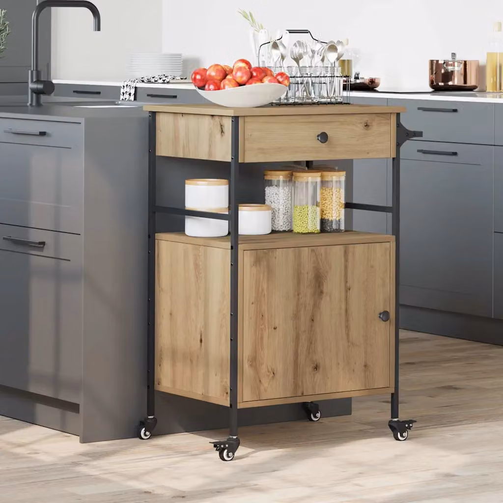 vidaXL Carrello da Cucina in Legno e Metallo Marrone con Ruote L/P/H: 56 x 43 x 89,5 cm