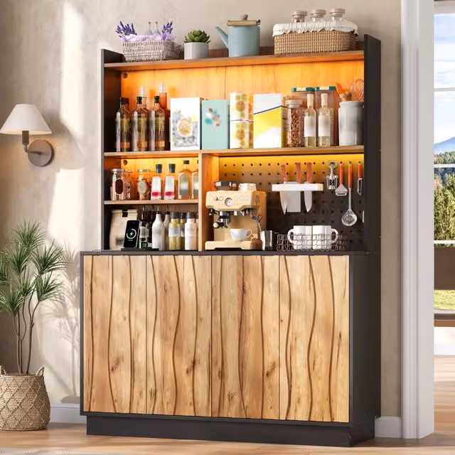 Mobile cucina 120x43x160 cm con LED RGB e prese in MDF naturale e nero