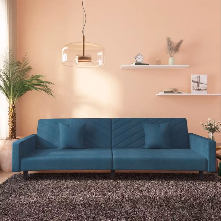 vidaXL Divano Letto Click-Clack a 2 Posti in Velluto Blu con Cuscini e Struttura in Legno Massiccio L: 220 cm, P: 84,5 cm, H: 69 cm