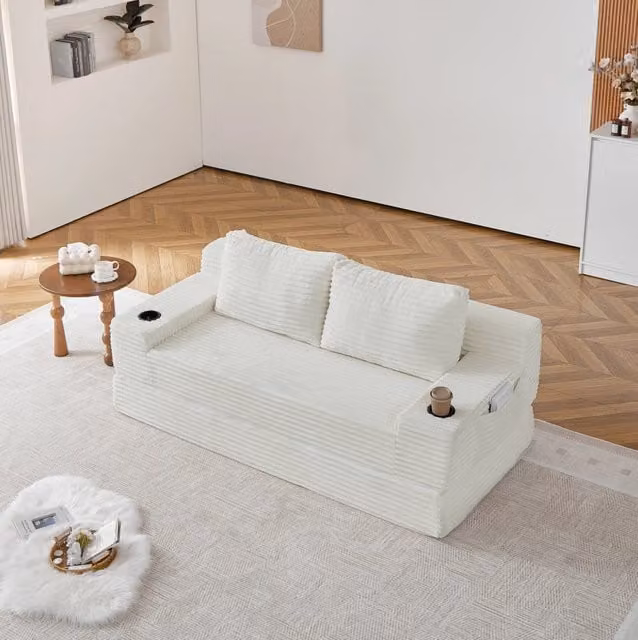 Divano Letto 2 in 1 in Velluto a Coste con Portabicchieri e Tasche Laterali Beige per Soggiorno