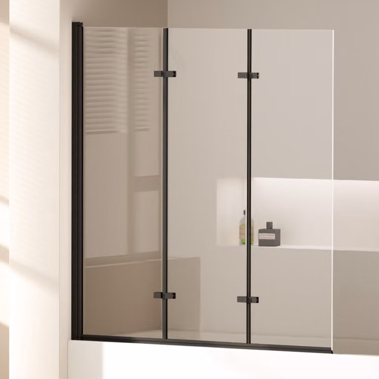 EMKE Cabina doccia 120 x 140 cm Telaio nero opaco Schermo pieghevole per vasca da bagno Vetro di sicurezza ESG nanorivestito Schermo doccia Vetro per vasche da bagno